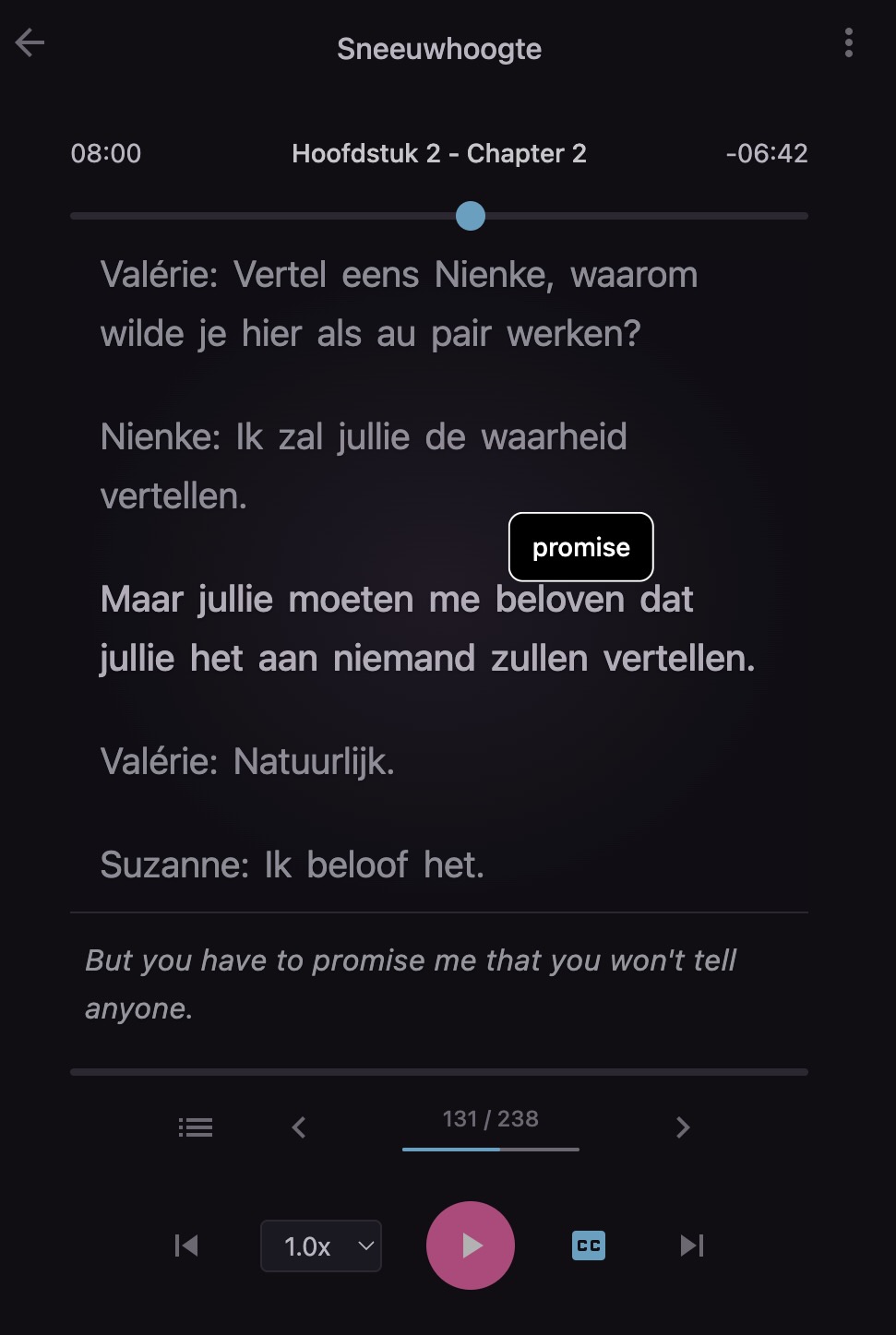 Screenshot of the Scriptybooks player showing a synchronized transcript and translation